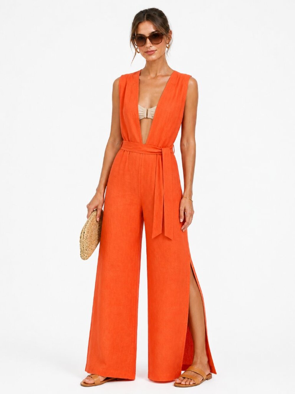 WET Vermillion Orange Plunge Neck Jumpsuit Linen Blend XS
